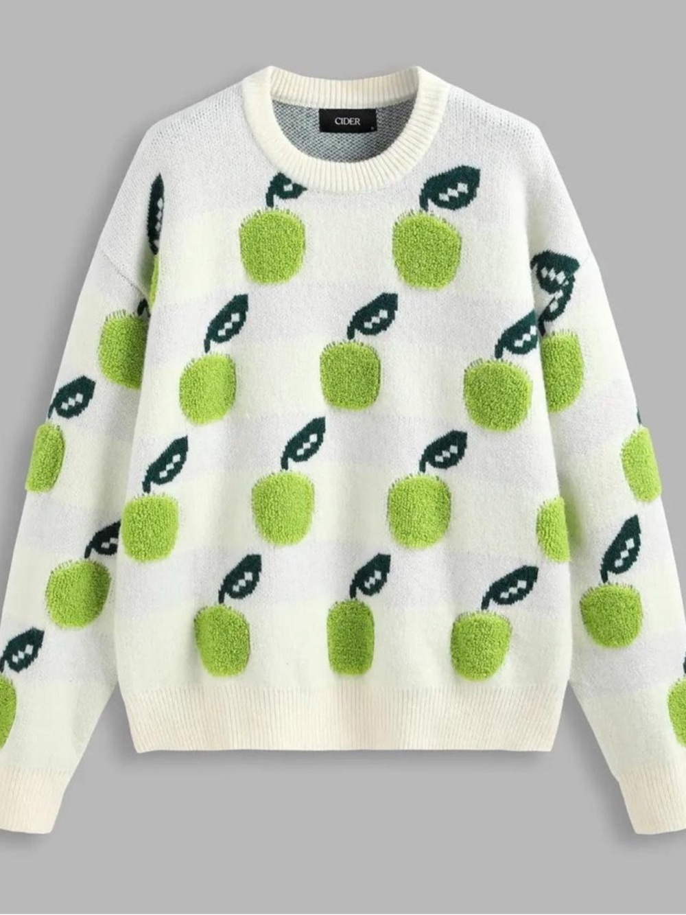 Cider White Crewneck Sweater with Lime Green Apple Motif